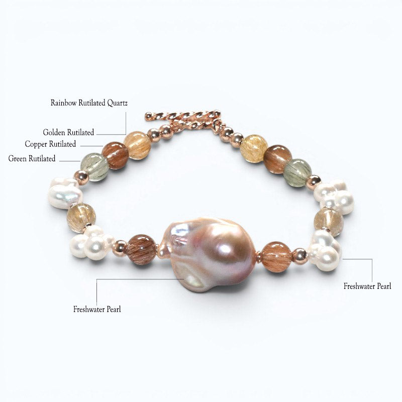 Freshwater Pearl w/ Rainbow Rutilated Quartz Bracelet