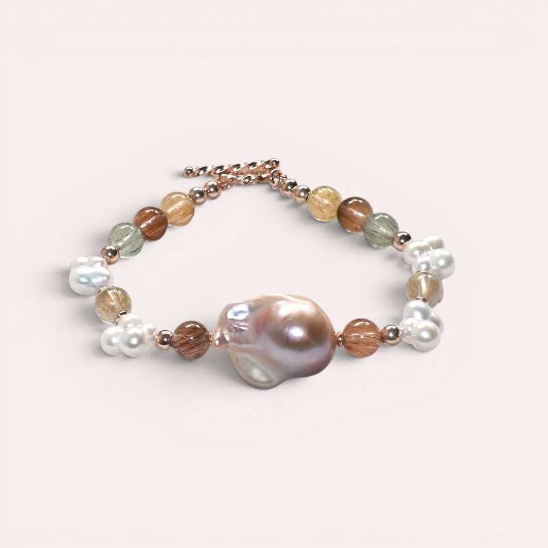 Freshwater Pearl w/ Rainbow Rutilated Quartz Bracelet