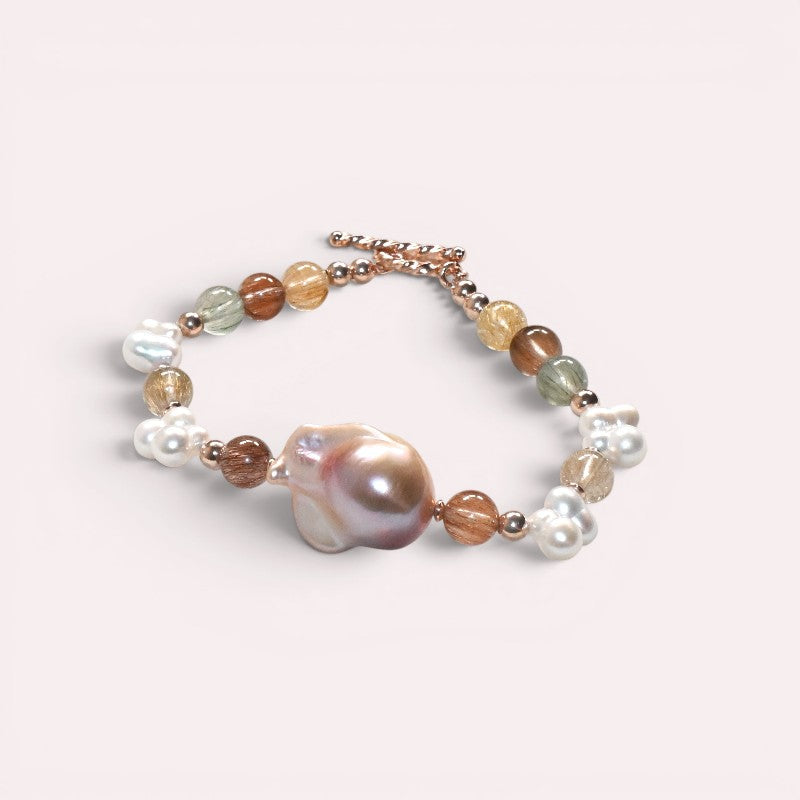 Freshwater Pearl w/ Rainbow Rutilated Quartz Bracelet