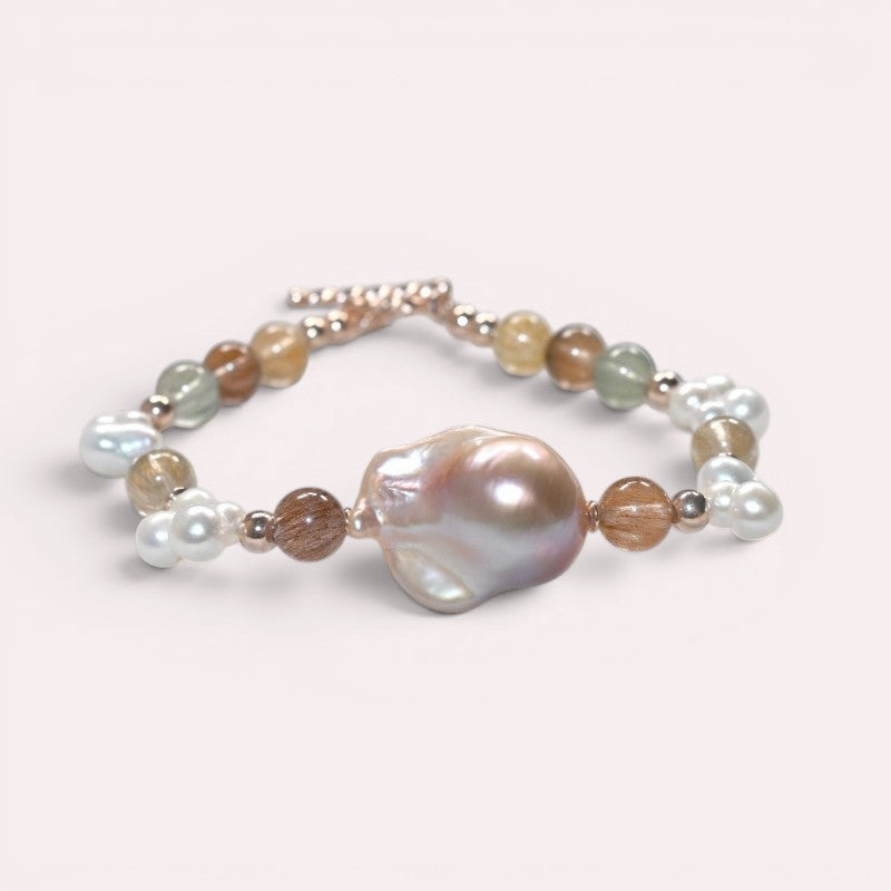 Freshwater Pearl w/ Rainbow Rutilated Quartz Bracelet