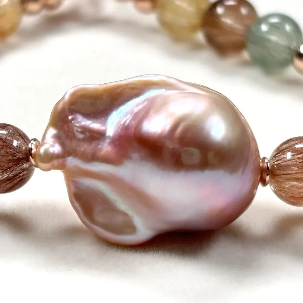 Freshwater Pearl w/ Rainbow Rutilated Quartz Bracelet