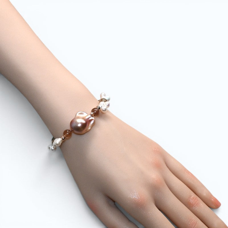 Freshwater Pearl w/ Rainbow Rutilated Quartz Bracelet
