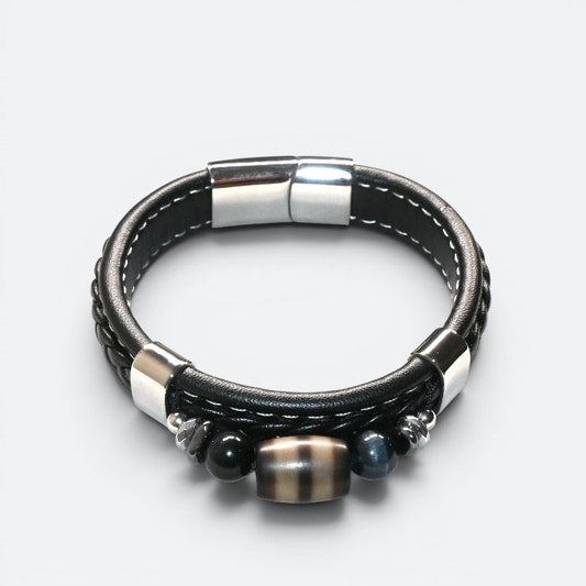 Striped Dzi Bead w/ Leather Bangle