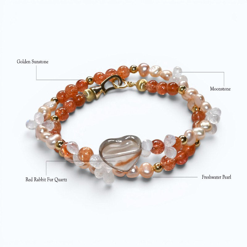 Red Rabbit Fur Quartz + Golden Sunstone+ Moonstone w/ Freshwater Pearl Dual- Loop Bracelet