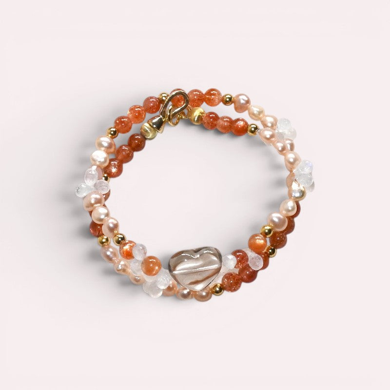 Red Rabbit Fur Quartz + Golden Sunstone+ Moonstone w/ Freshwater Pearl Dual- Loop Bracelet