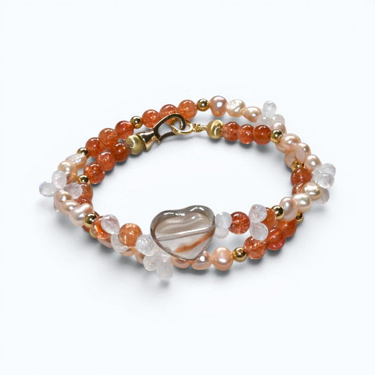 Red Rabbit Fur Quartz + Golden Sunstone+ Moonstone w/ Freshwater Pearl Dual- Loop Bracelet