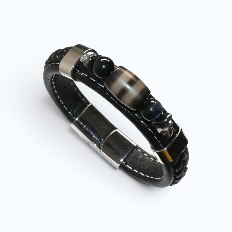 Striped Dzi Bead w/ Leather Bangle