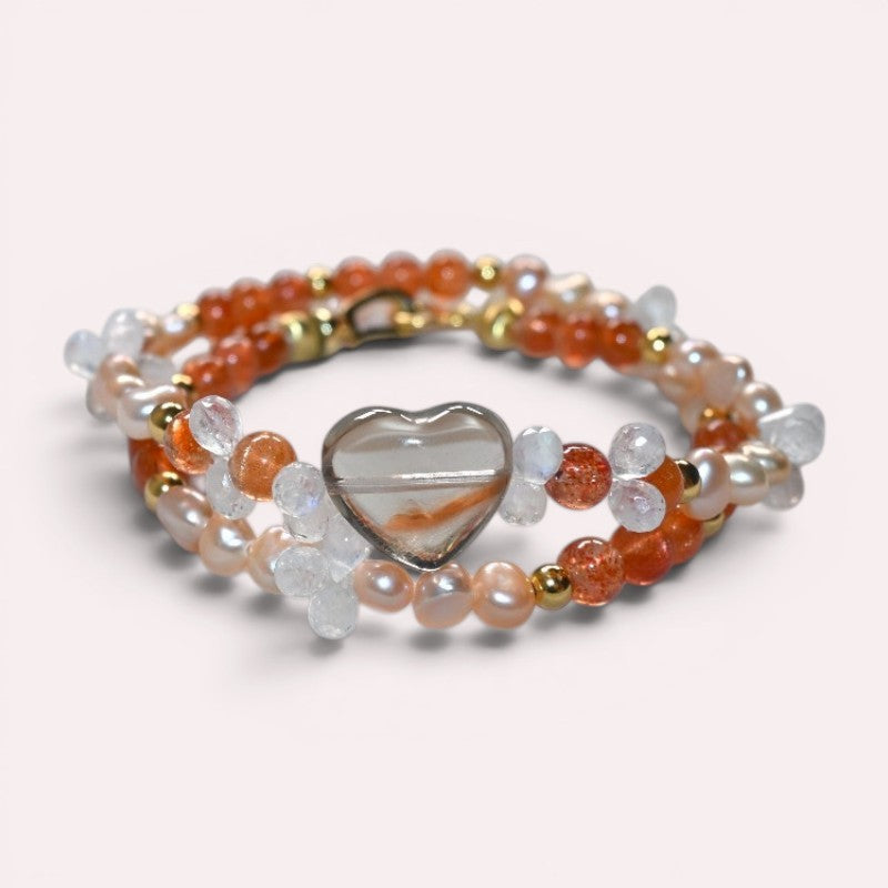 Red Rabbit Fur Quartz + Golden Sunstone+ Moonstone w/ Freshwater Pearl Dual- Loop Bracelet