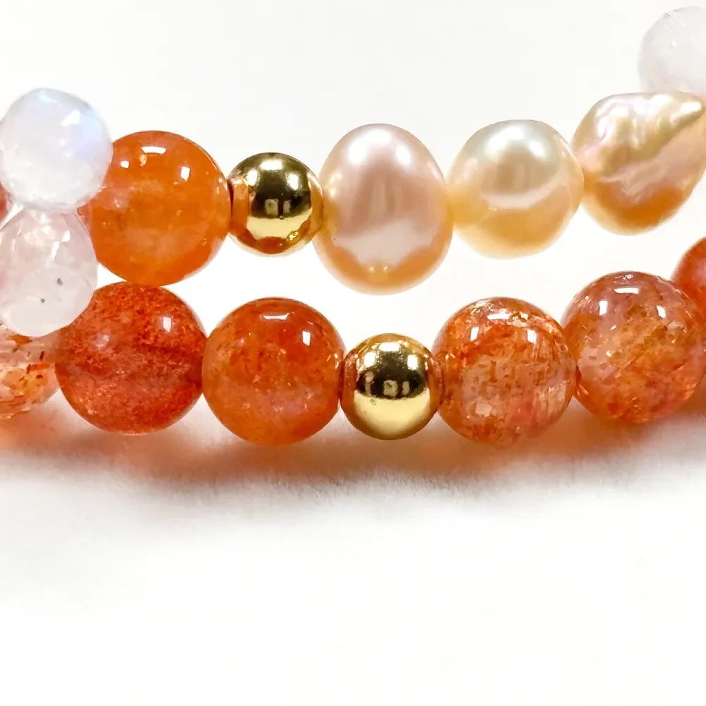Red Rabbit Fur Quartz + Golden Sunstone+ Moonstone w/ Freshwater Pearl Dual- Loop Bracelet