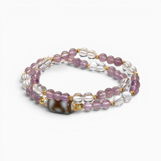 Special Three Eye Dzi Bead + Amethyst Super Seven Quartz w/ Clear Quartz Dual-Loop Bracelet