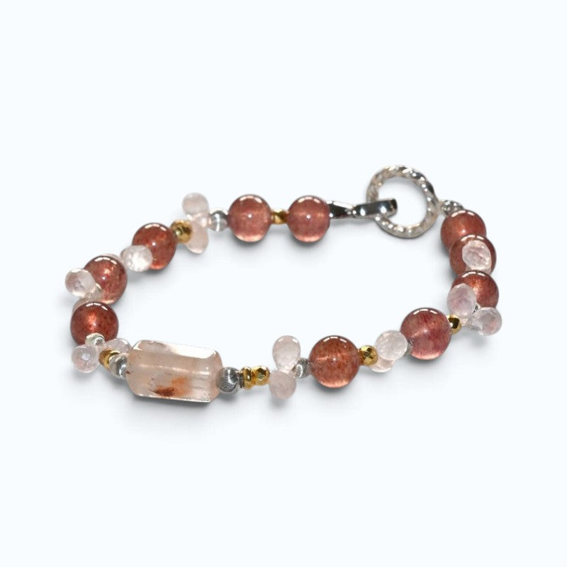 White Rabbit Fur Quartz +Strawberry Quartz  w/ Rose Quartz Bracelet