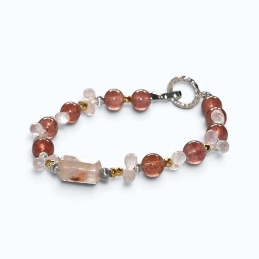 White Rabbit Fur Quartz +Strawberry Quartz  w/ Rose Quartz Bracelet