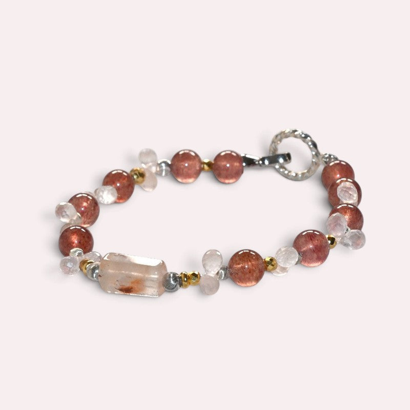 White Rabbit Fur Quartz +Strawberry Quartz  w/ Rose Quartz Bracelet