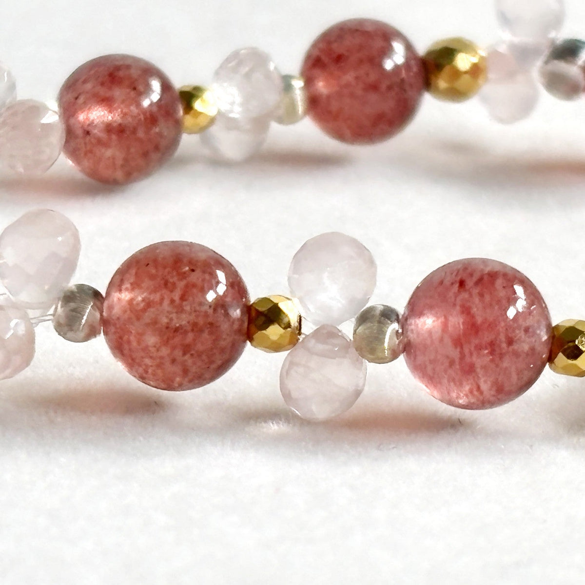 White Rabbit Fur Quartz +Strawberry Quartz  w/ Rose Quartz Bracelet