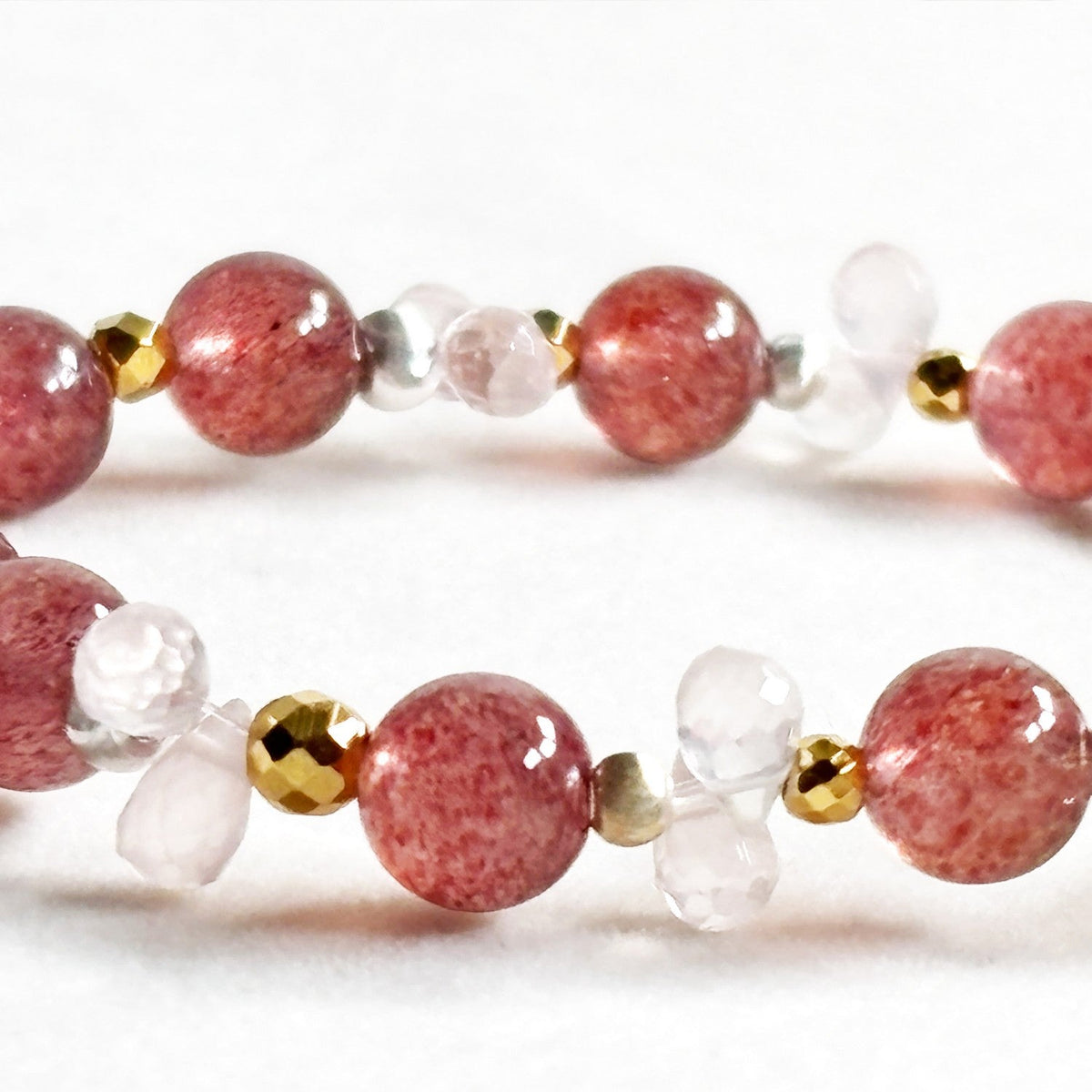White Rabbit Fur Quartz +Strawberry Quartz  w/ Rose Quartz Bracelet