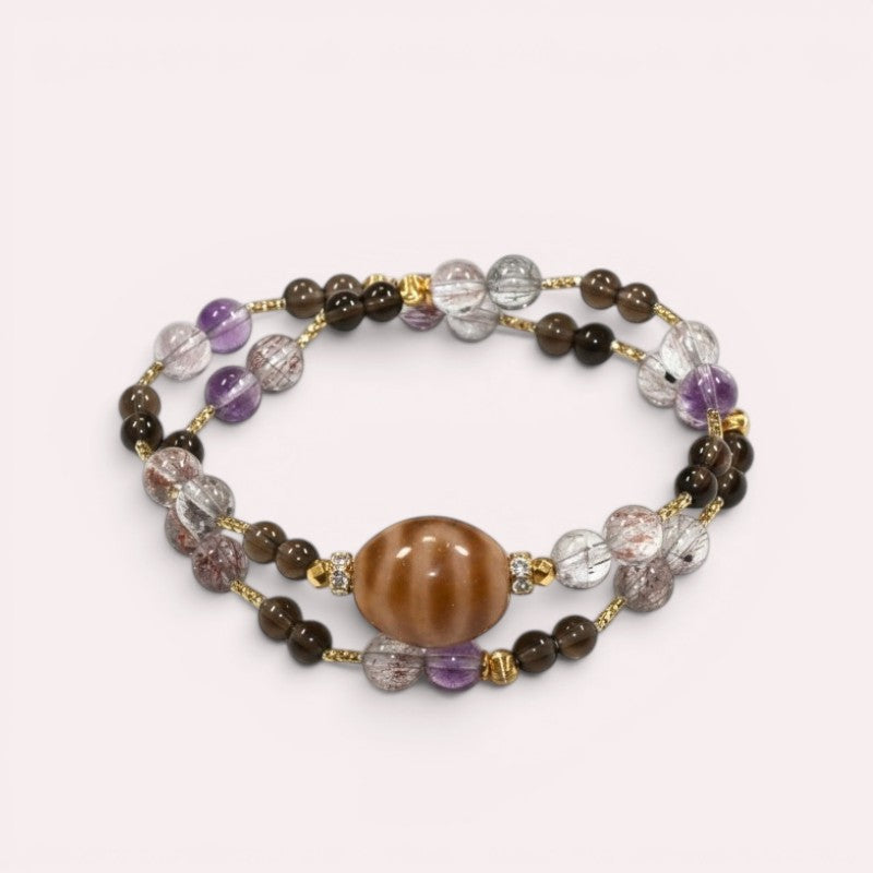 Euphenic Hopeful Dzi Bead + Super Seven Quartz w/ Smoky Quartz Dual-Loop Bracelet