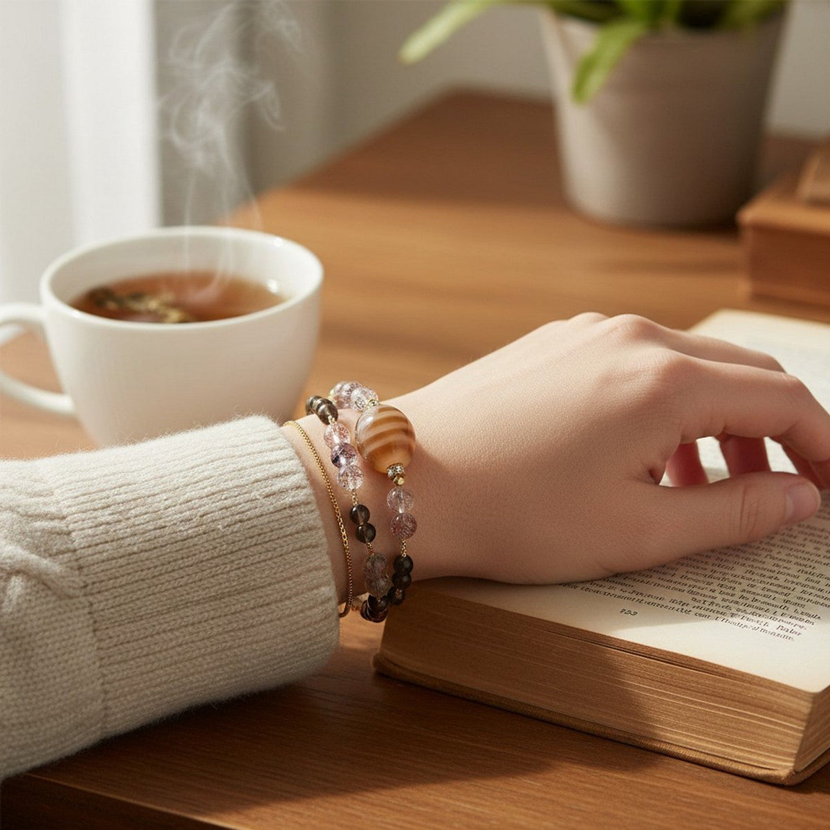 Euphenic Hopeful Dzi Bead + Super Seven Quartz w/ Smoky Quartz Dual-Loop Bracelet