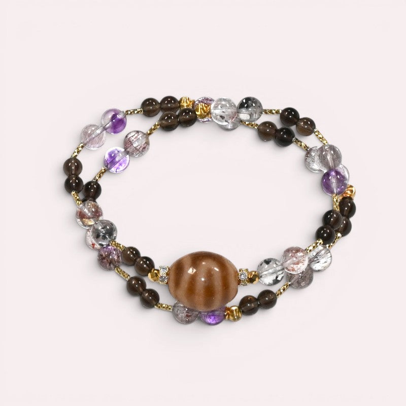 Euphenic Hopeful Dzi Bead + Super Seven Quartz w/ Smoky Quartz Dual-Loop Bracelet