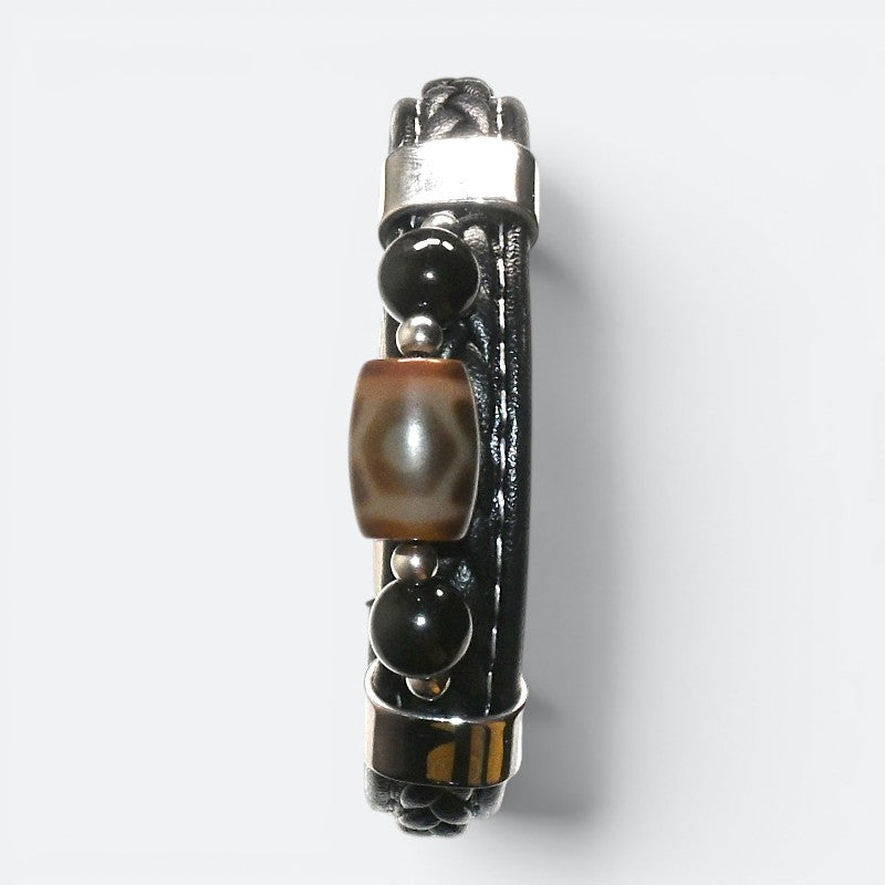 Bagua Two Eye Dzi Bead w/ Leather Bangle