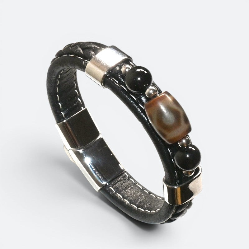 Bagua Two Eye Dzi Bead w/ Leather Bangle