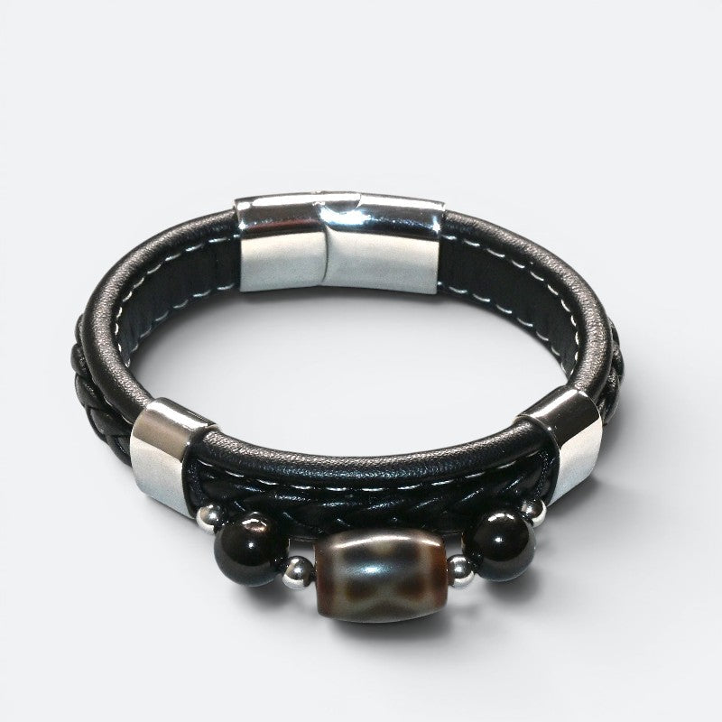 Bagua Two Eye Dzi Bead w/ Leather Bangle