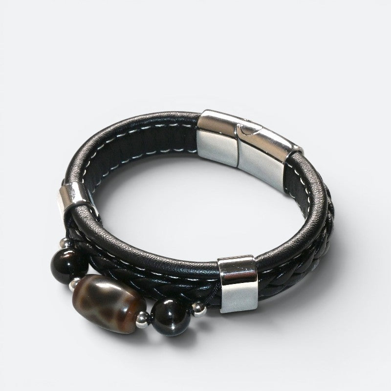 Bagua Two Eye Dzi Bead w/ Leather Bangle
