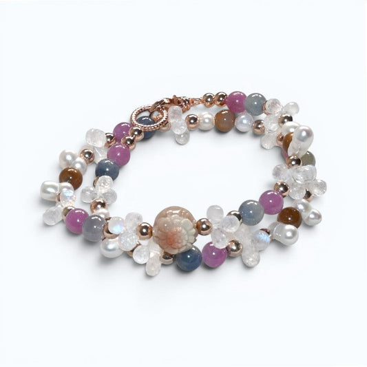 Alashan Agate Charm + Tourmaline+ Moonstone w/ Freshwater Pearl Dual- Loop Bracelet