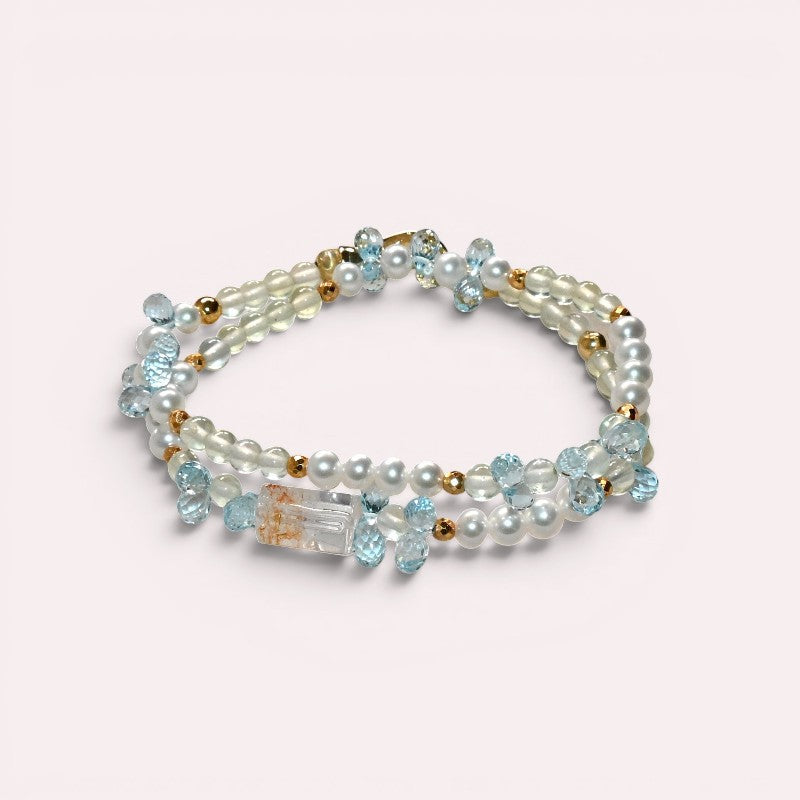 White Rabbit Fur Charm + Prehnite + Blue Topaz w/ Freshwater Pearl Dual- Loop Bracelet