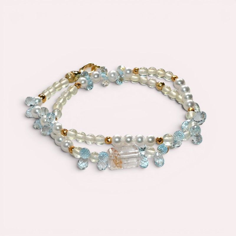 White Rabbit Fur Charm + Prehnite + Blue Topaz w/ Freshwater Pearl Dual- Loop Bracelet