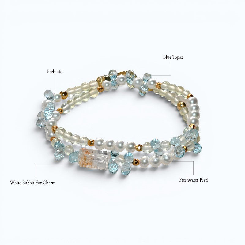 White Rabbit Fur Charm + Prehnite + Blue Topaz w/ Freshwater Pearl Dual- Loop Bracelet