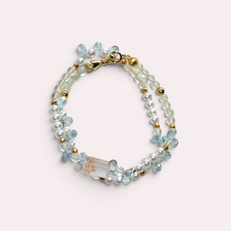 White Rabbit Fur Charm + Prehnite + Blue Topaz w/ Freshwater Pearl Dual- Loop Bracelet
