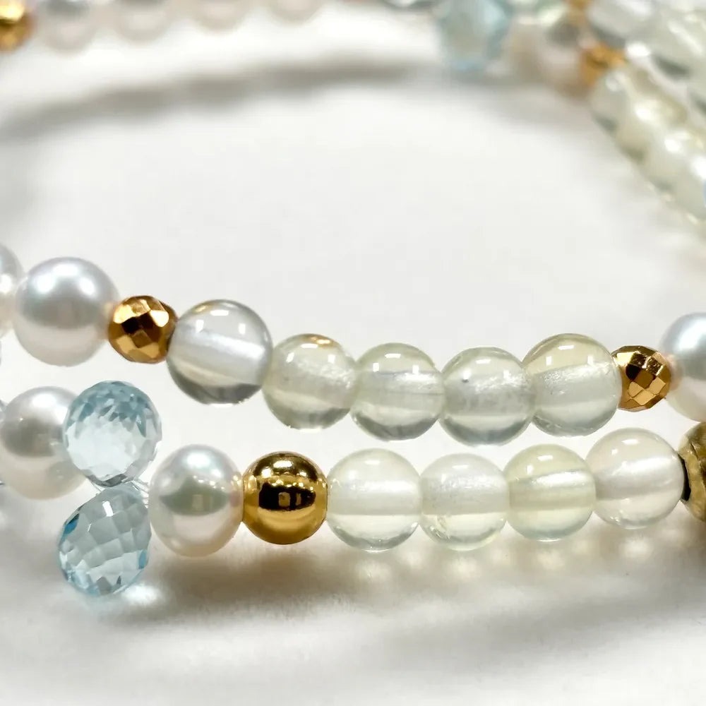 White Rabbit Fur Charm + Prehnite + Blue Topaz w/ Freshwater Pearl Dual- Loop Bracelet