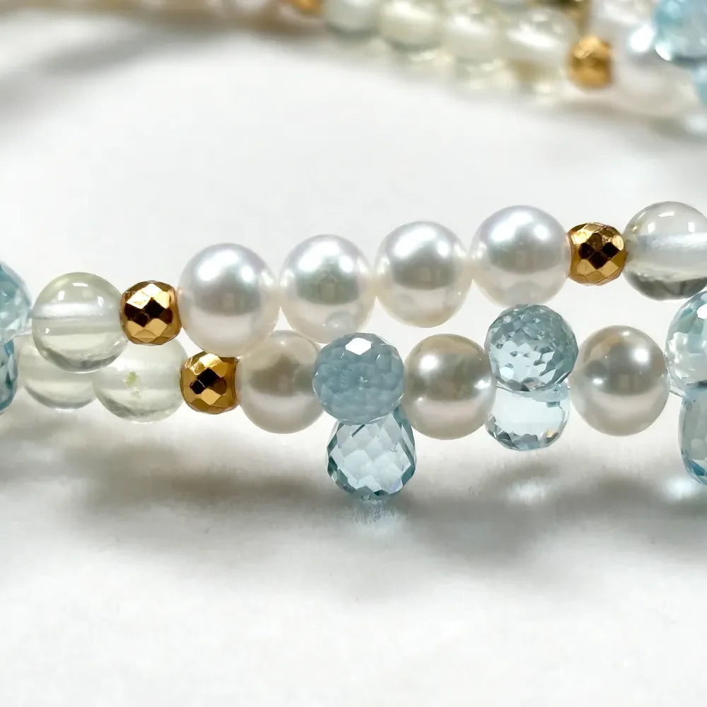 White Rabbit Fur Charm + Prehnite + Blue Topaz w/ Freshwater Pearl Dual- Loop Bracelet