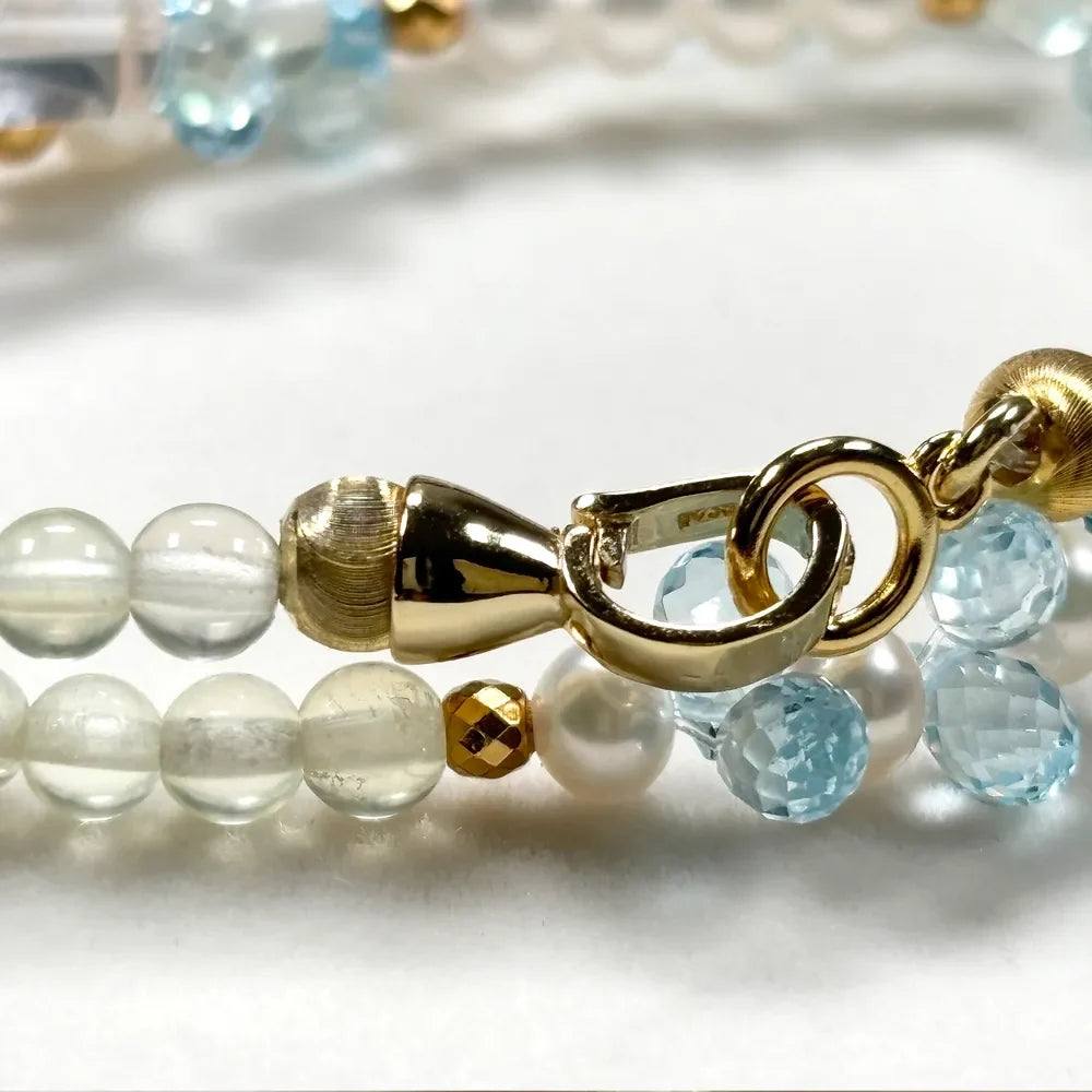 White Rabbit Fur Charm + Prehnite + Blue Topaz w/ Freshwater Pearl Dual- Loop Bracelet