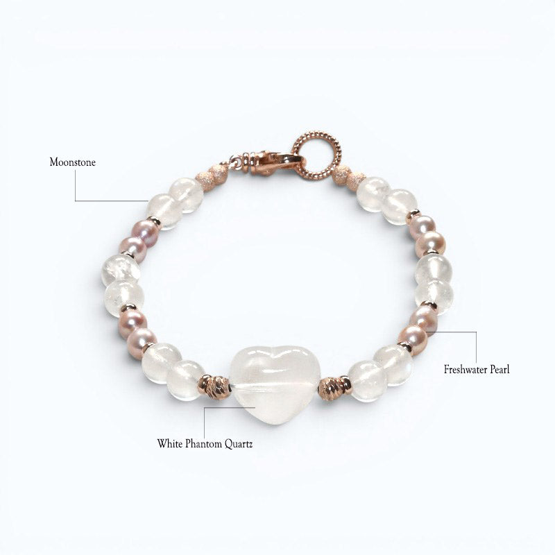 White Phantom Quartz Charm + Moonstone w/ Freshwater Pearl Bracelet